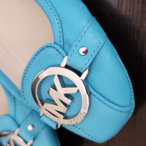 Michael Kors Fulton Moc Flats Blue Leather Driving Loafers Gold MK Logo Size 6M - Picture 15 of 16